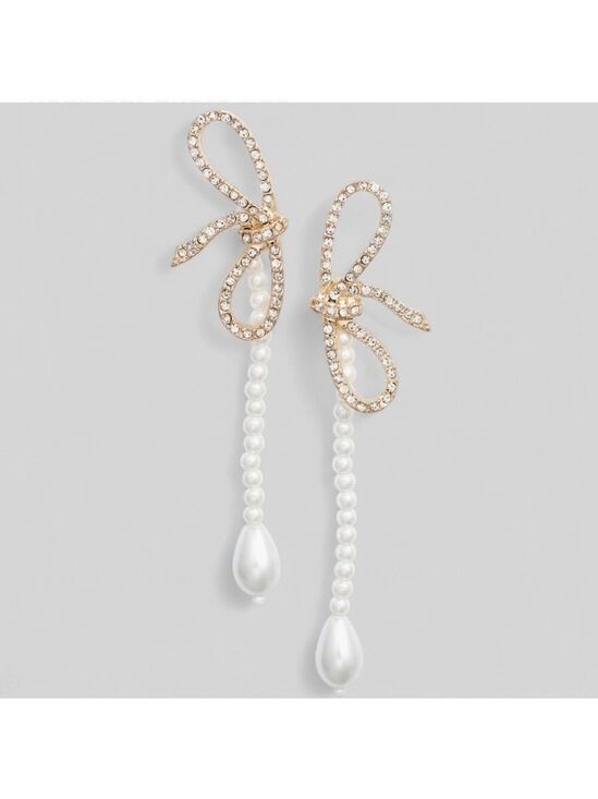 Open Edit Jewelry - Open Edit-Crystal Bow Faux Pearl Drop Earrings-Gold/White-NWT